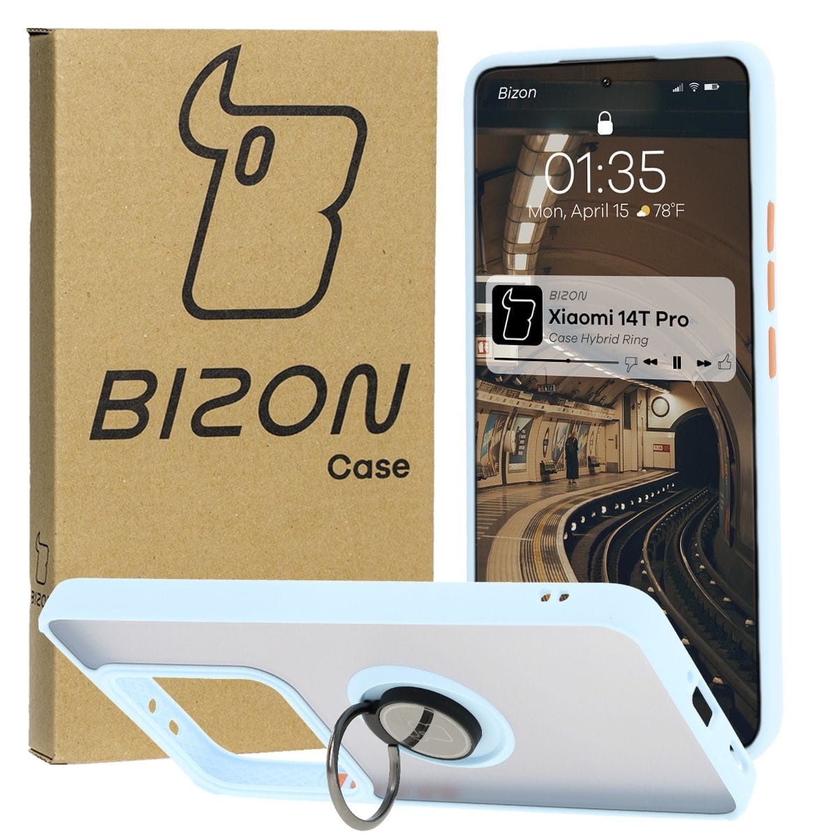 Image of Etui z uchwytem na palec Bizon Case Hybrid Ring do Xiaomi 14T Pro, przydymione z jasnoniebieską ramką