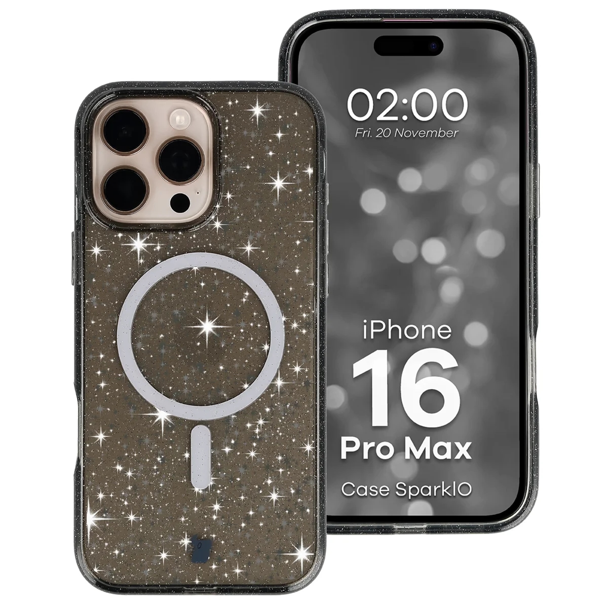 Etui brokatowe z pierścieniem magnetycznym Bizon Case SparklO do iPhone 16 Pro Max, przezroczysto-czarne z brokatem
