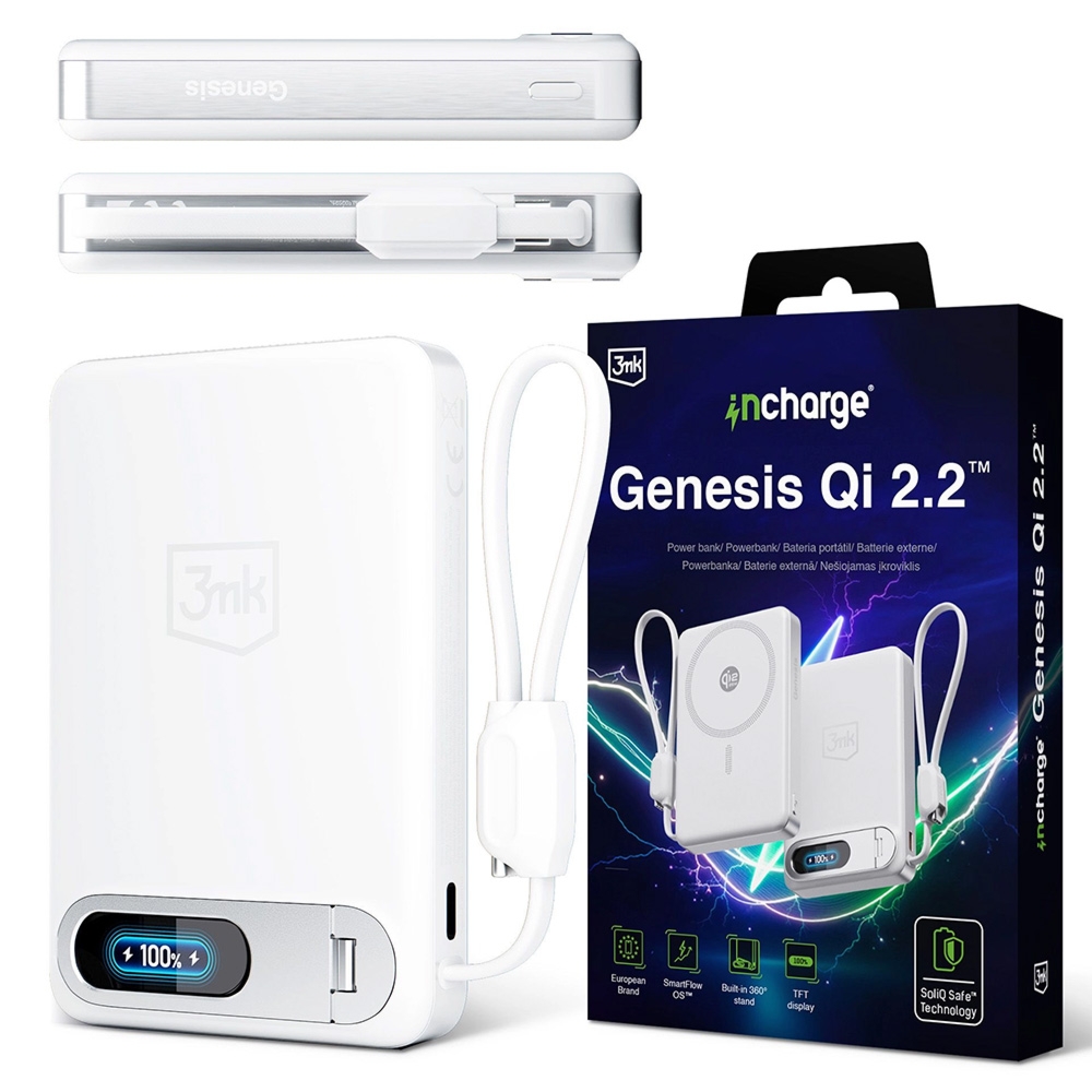 Powerbank indukcyjny 3mk incharge Genesis Qi 2.2 do MagSafe, 25W, USB-C PD 45W, 10 000mAh z wbudowanym kablem USB-C, biały