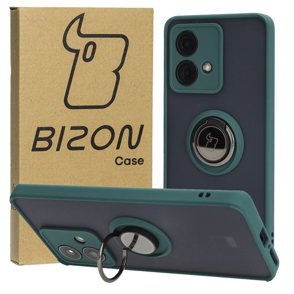 Image of Etui z uchwytem na palec Bizon Case Hybrid Ring do Motorola Edge 40 Neo, przydymione z ciemnozieloną ramką
