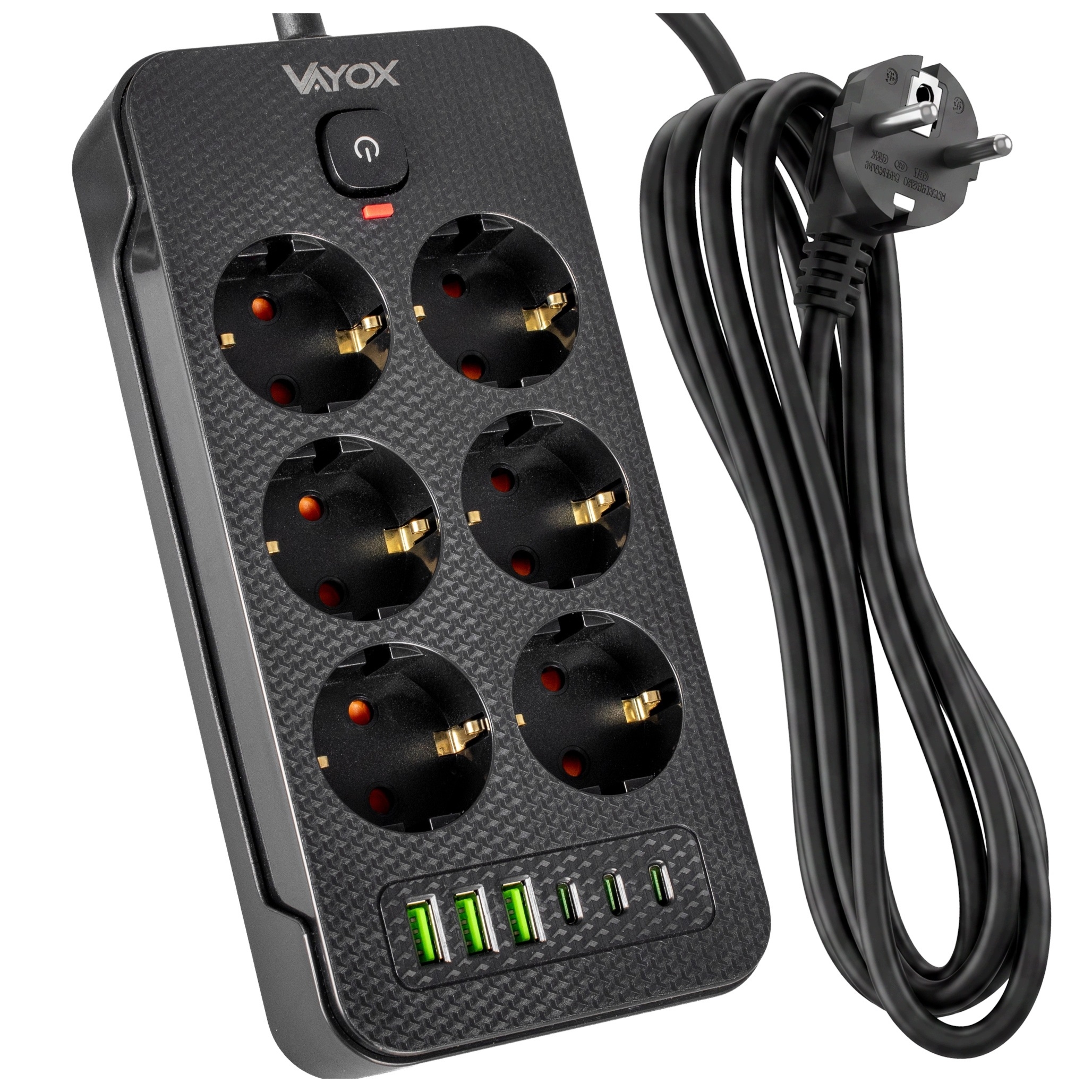 Listwa zasilająca/przedłużacz Vayox VA0465B-2, 6x gniazdo sieciowe Schuko, 3x USB-C, 3x USB-A, wraz z kablem 2m, czarna