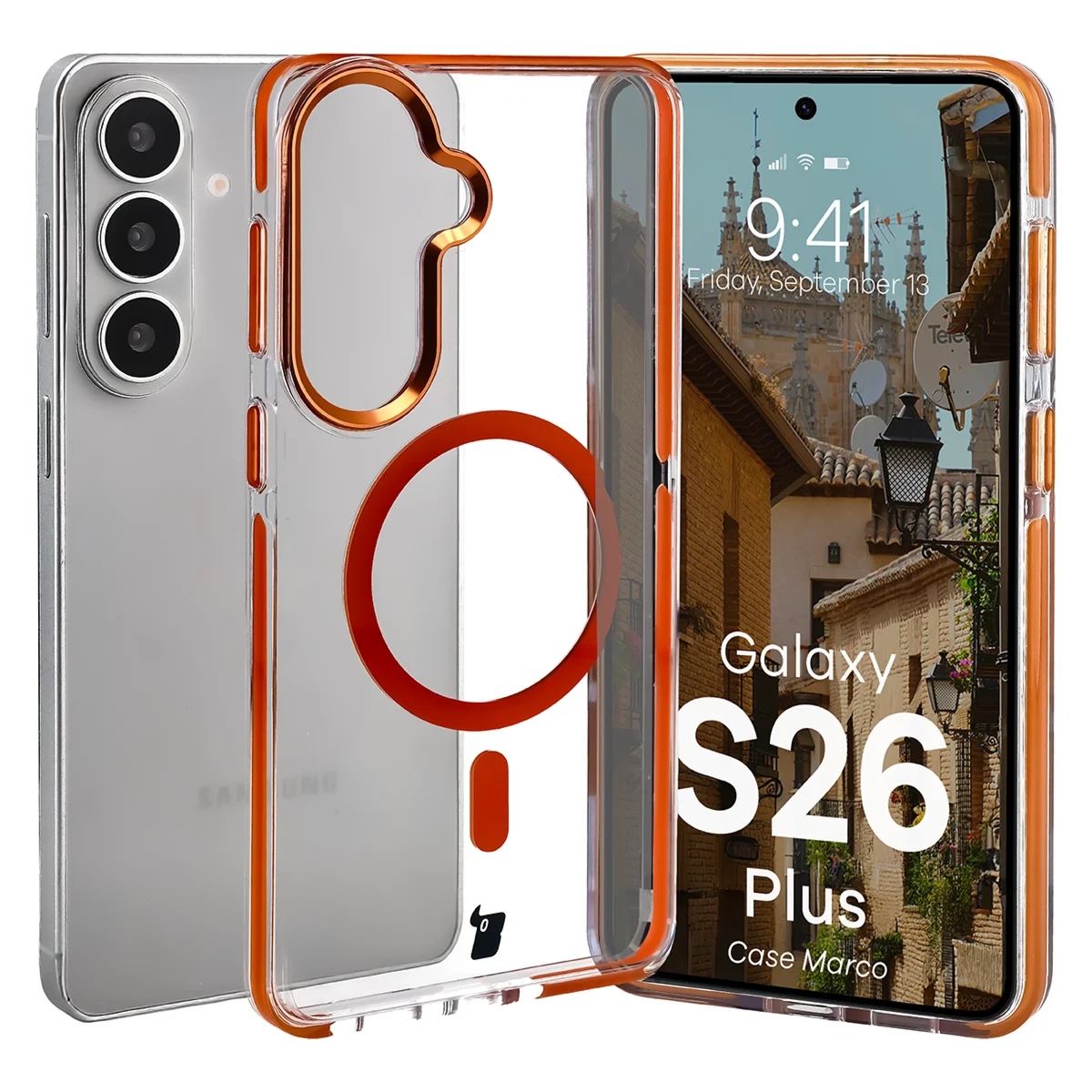 Etui z pierścieniem magnetycznym Bizon Case Marco do Galaxy S26 Plus, przezroczyste z pomarańczową ramką