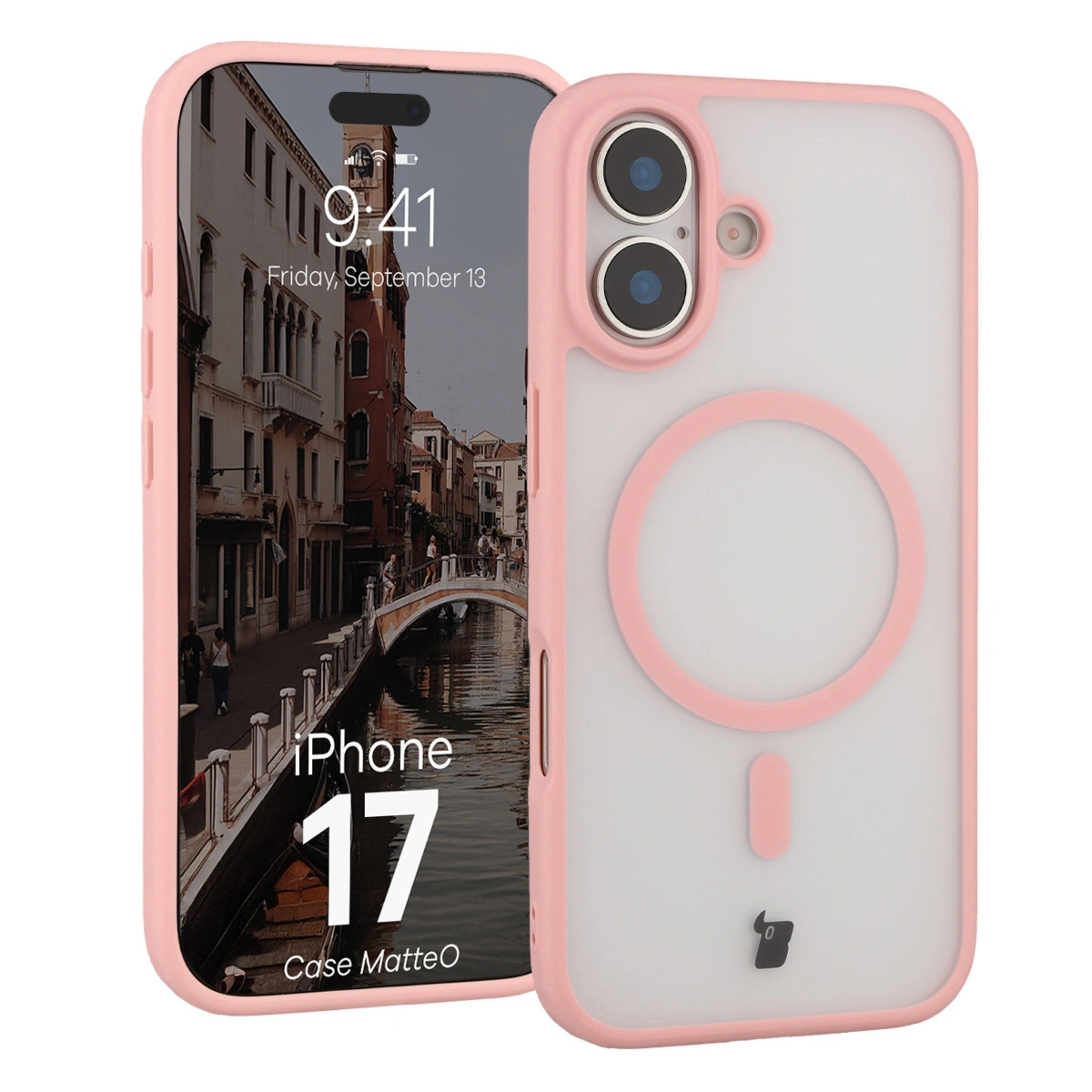 Etui z pierścieniem magnetycznym Bizon Case MatteO do iPhone 17, przydymione-jasnoróżowe