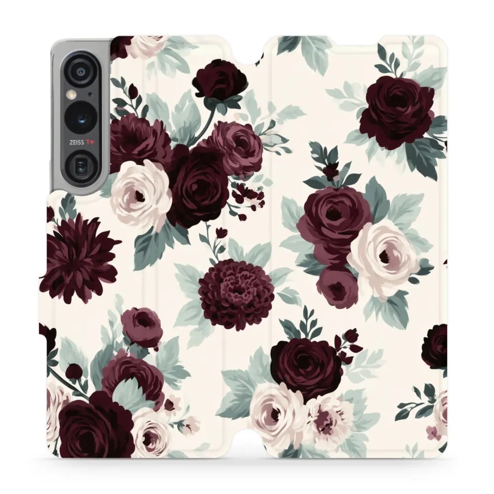 Etui z klapką do Sony Xperia 1 V, Mobiwear Book, róże z szałwią na kremie