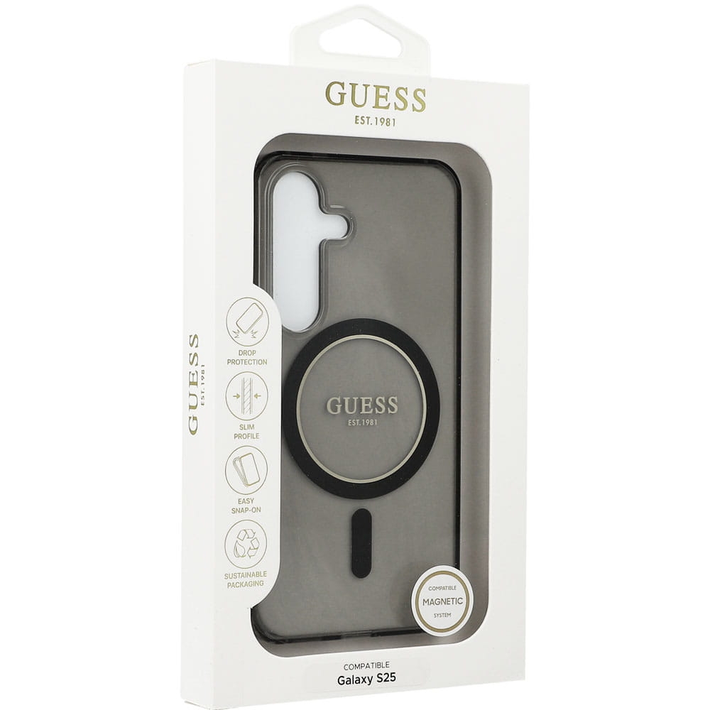Image of OUTLET: Etui Guess Glitter Circle Classic Logo do MagSafe do Galaxy S25, czarne