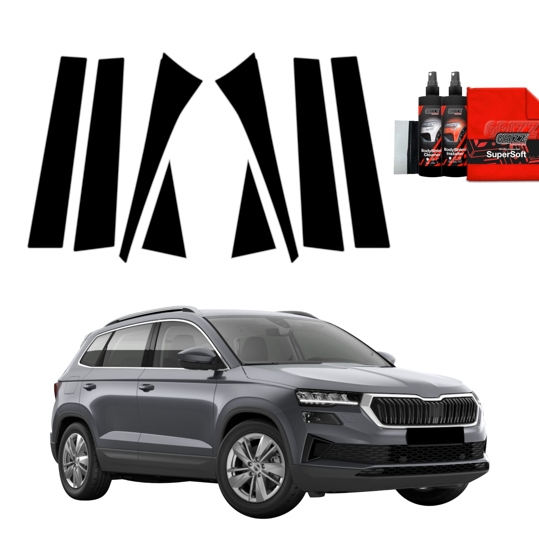 8w1 Czarna folia Grizz Protector na słupki do Skoda Karoq Facelift (2022-2026)