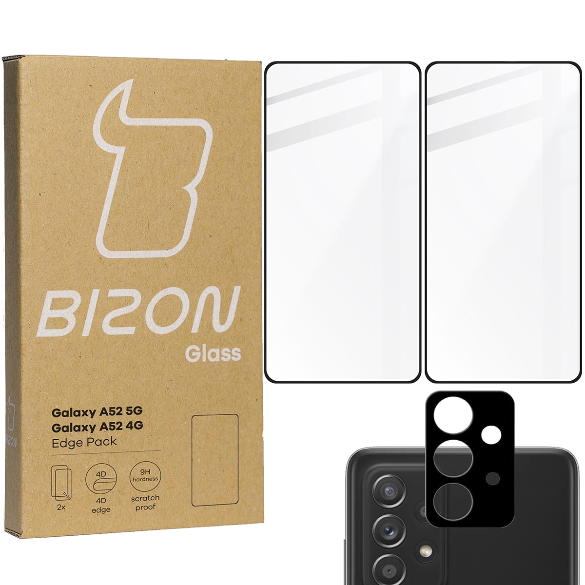 Image of 2x Szkło + szybka na aparat Bizon Edge Pack, Galaxy A52s 5G, A52 4G/5G, czarne