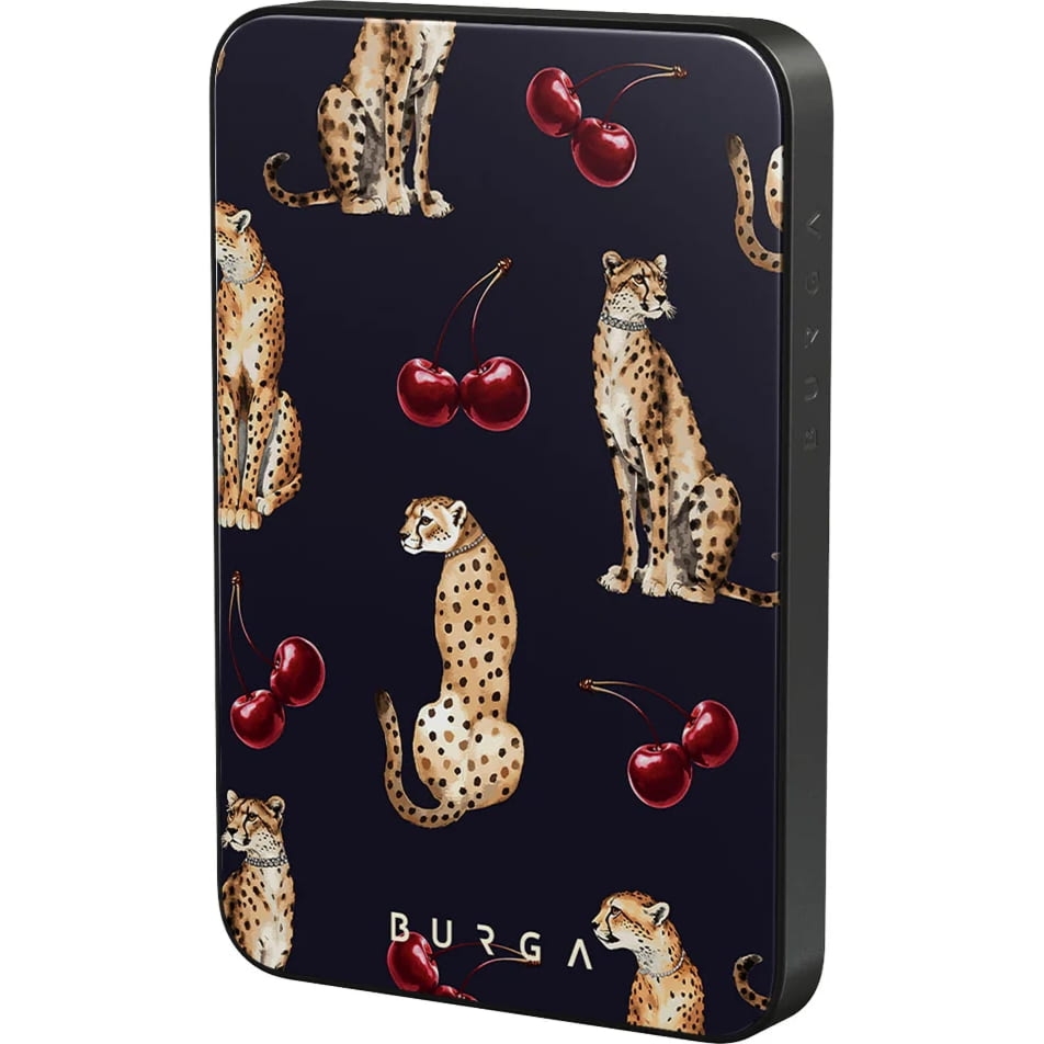 Powerbank indukcyjny Burga Magnetic Gunmetal Cougar, magnetyczny do MagSafe, Qi, USB-C, PD, 20W, 5000mAh + kabel USB-C, czarny we wzór zwierzęcy