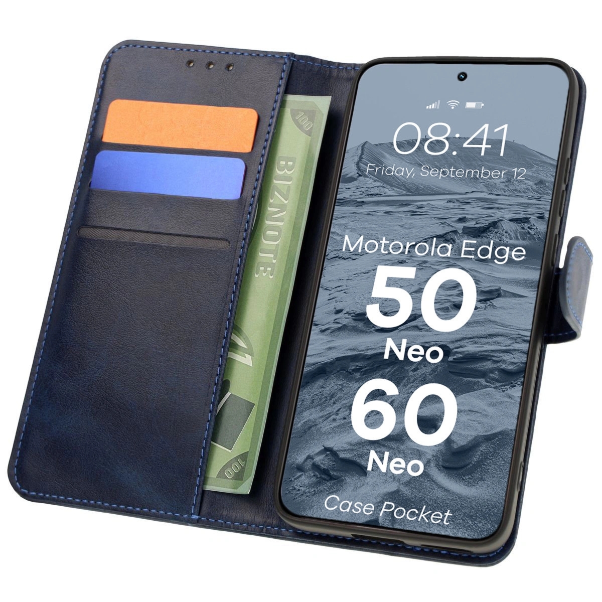 Etui z klapką Bizon Case Pocket do Motorola Edge 50 Neo / 60 Neo, granatowe