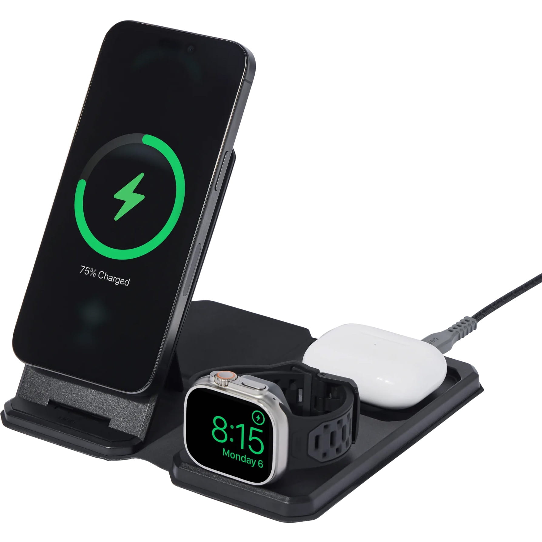 Image of Ładowarka indukcyjna UAG SRGE 3w1, 15W dla iPhone z MagSafe / Apple Watch / AirPods + pokrowiec, czarna