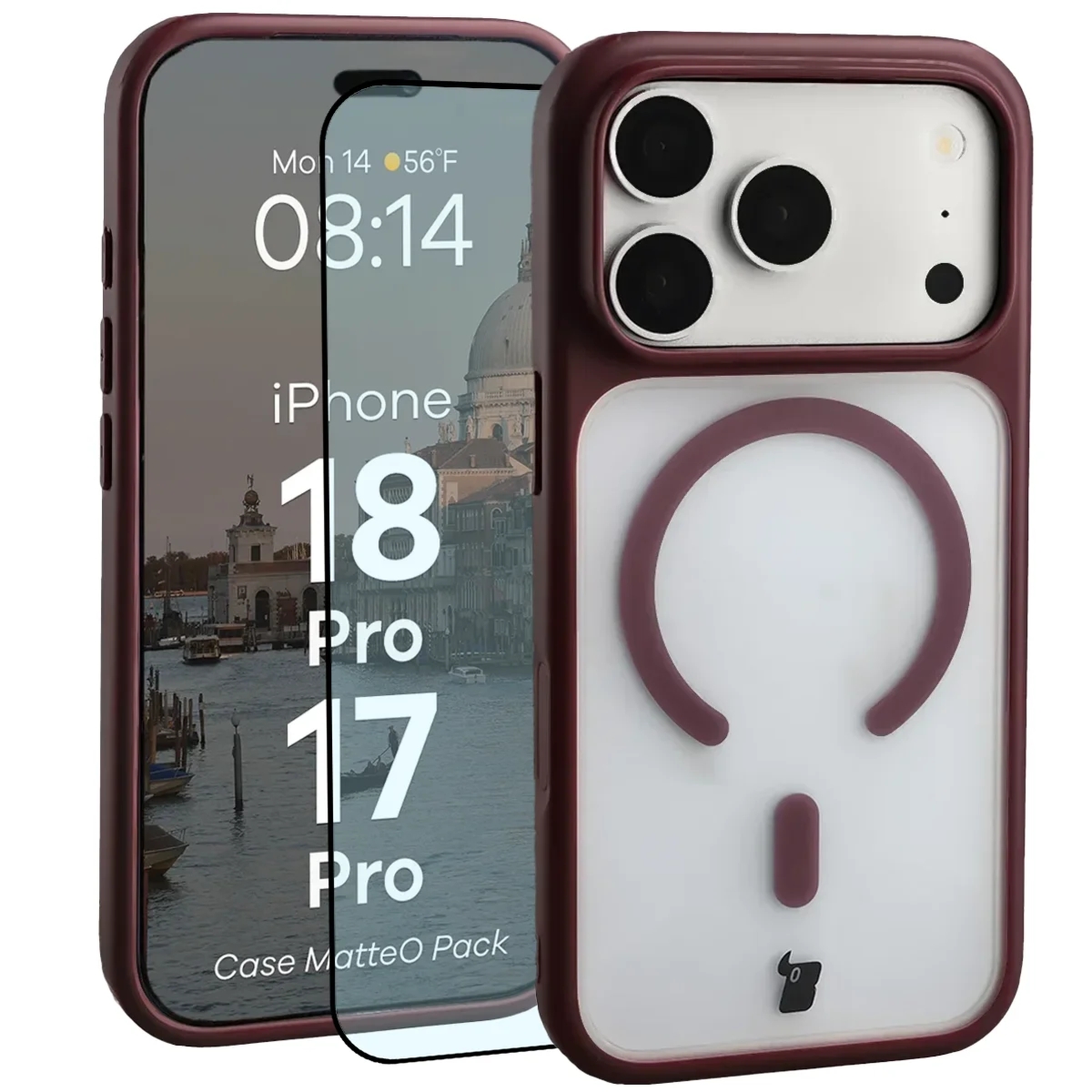 Etui z pierścieniem magnetycznym + szkło hartowane Bizon MatteO Pack do iPhone 18 Pro / 17 Pro, półprzezroczyste z burgundową ramką