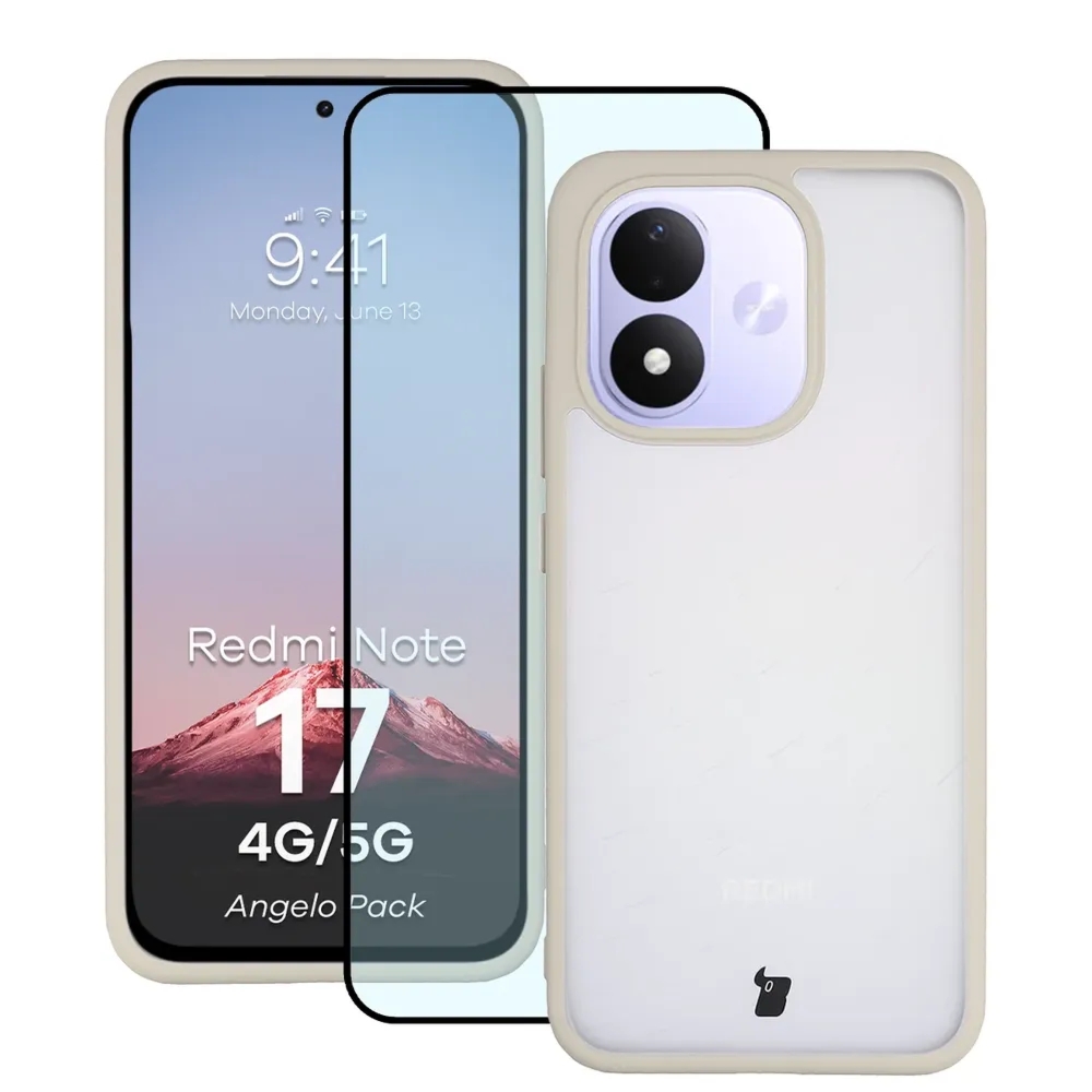 Etui + szkło hartowane Bizon Angelo Pack do Xiaomi Redmi Note 17 4G/5G, półprzezroczyste z beżową ramką