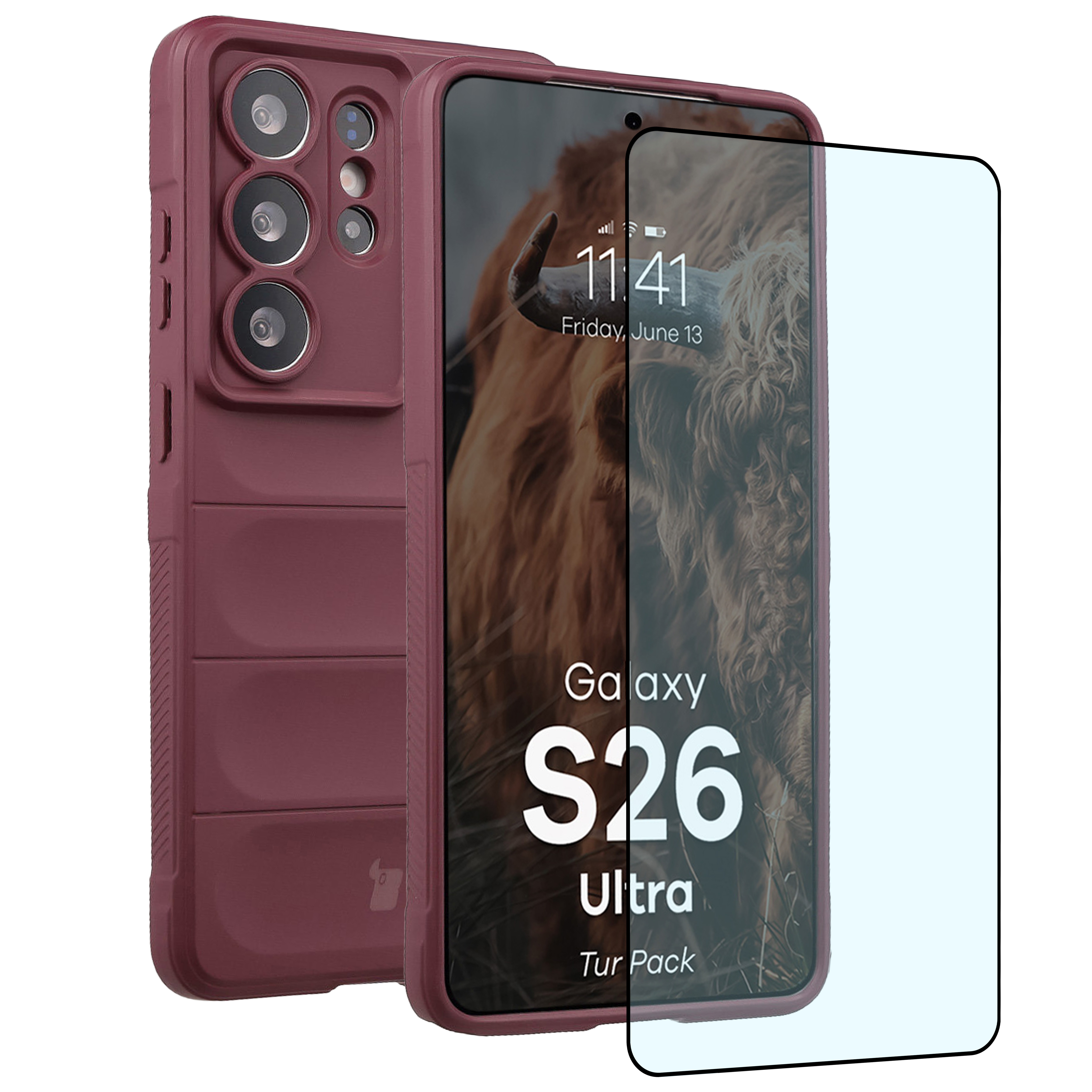 Pancerne etui + szkło hartowane Bizon Tur Pack do Galaxy S26 Ultra, burgundowe