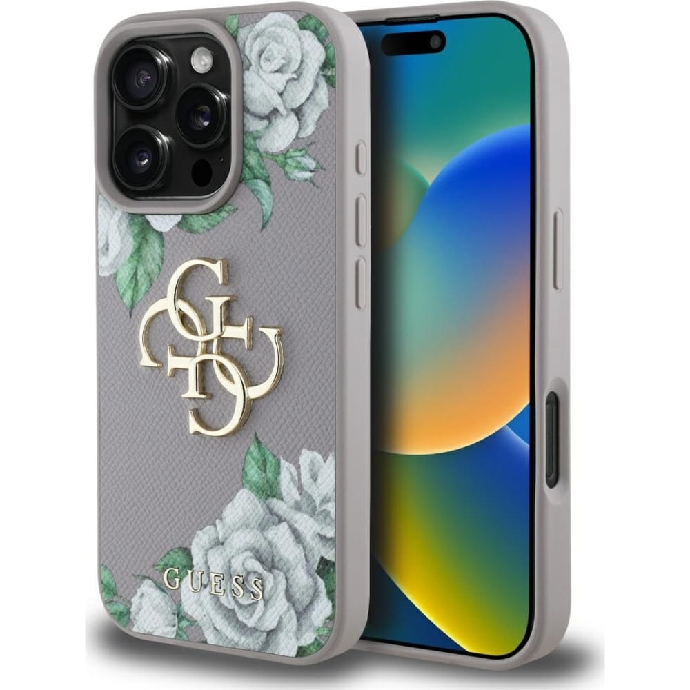 Etui Guess Grained Roses Big 4G do iPhone 16 Pro, fioletowe z kwiecistym wzorem