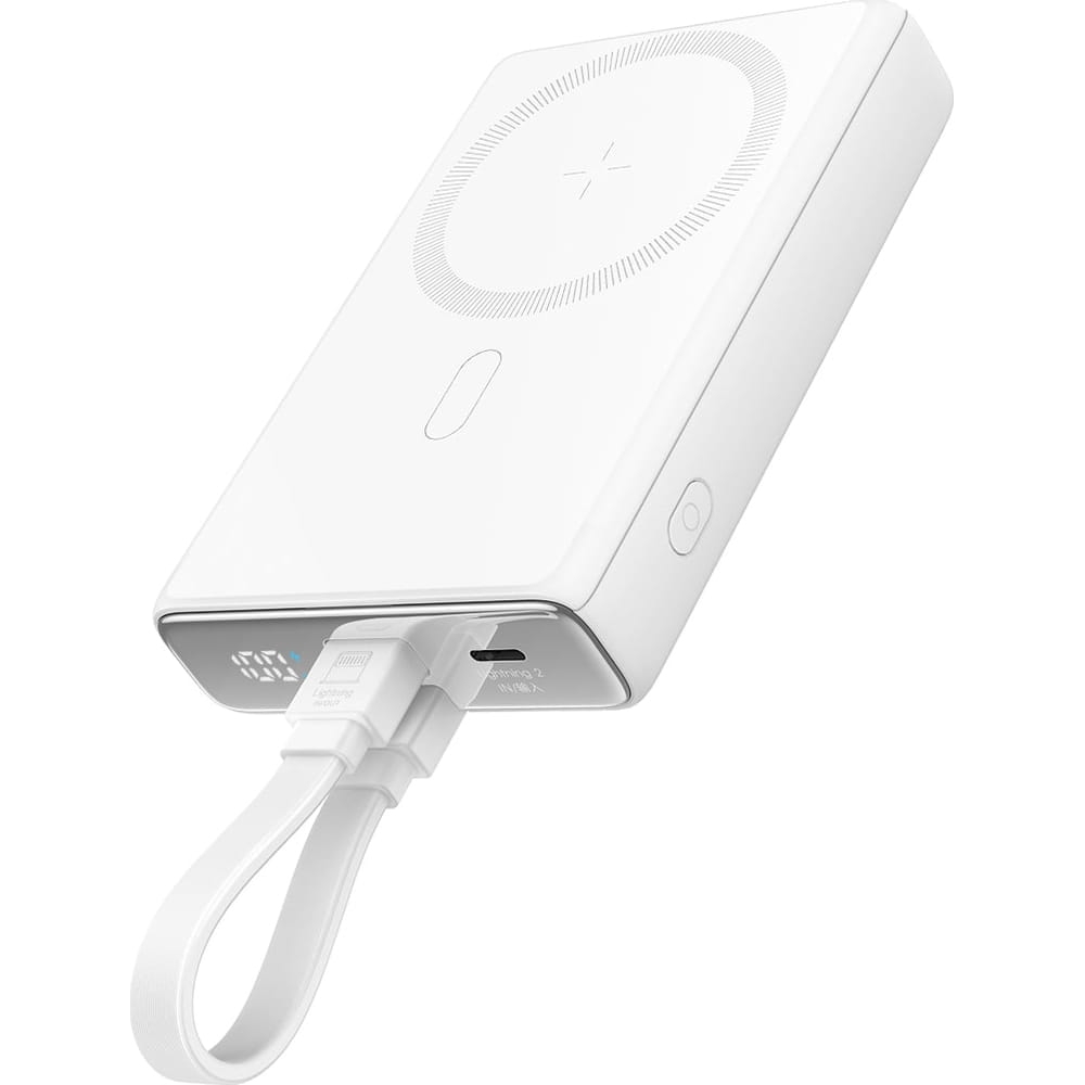 Image of Powerbank indukcyjny z podstawką Joyroom JR-PBM01 10000mAh do MagSafe, 20W + kabel USB-C - Lightning, biały