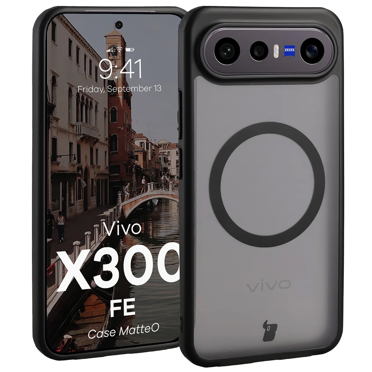 Etui z pierścieniem magnetycznym Bizon Case MatteO do Vivo X300 FE, przydymione-czarne