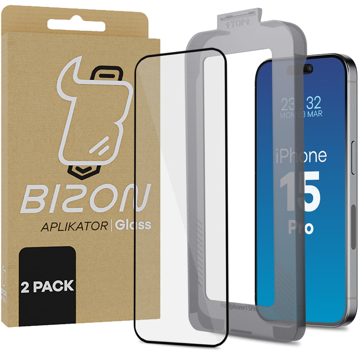 Image of Szkło hartowane z ramką do łatwej aplikacji Bizon Glass Aplikator do iPhone 15 Pro, 2 sztuki