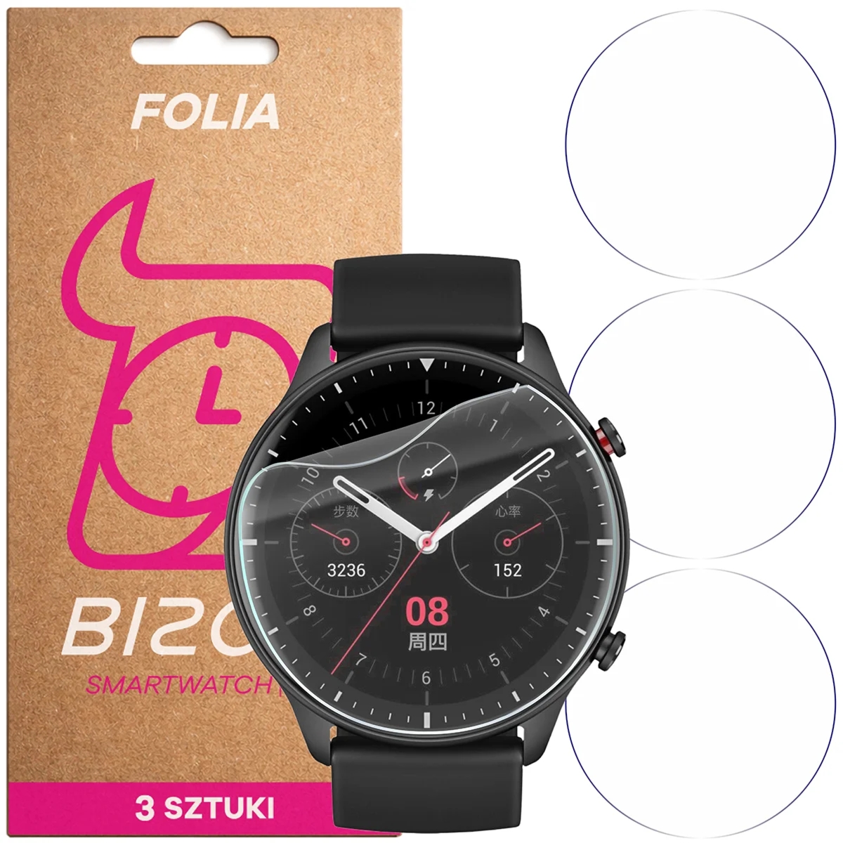 Folia ochronna na ekran zegarka Bizon Watch Film HydroFlex do Amazfit GTR 2, 3 sztuki