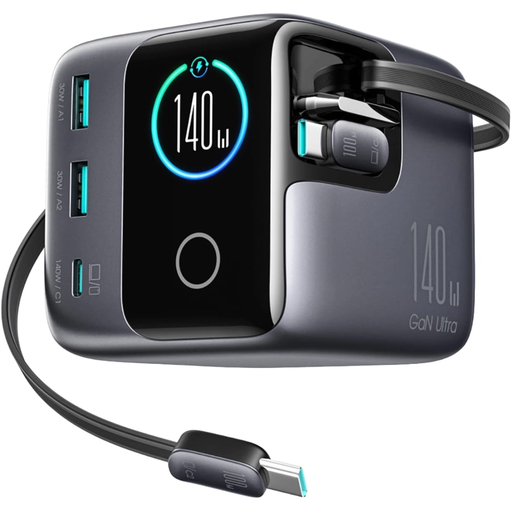 Stacja ładująca GaN 3x USB-C PD 3.1, 2x USB-A QC 3.0, 140W, JoyRoom Podix JR-TRD01, wyświetlacz LCD, szara