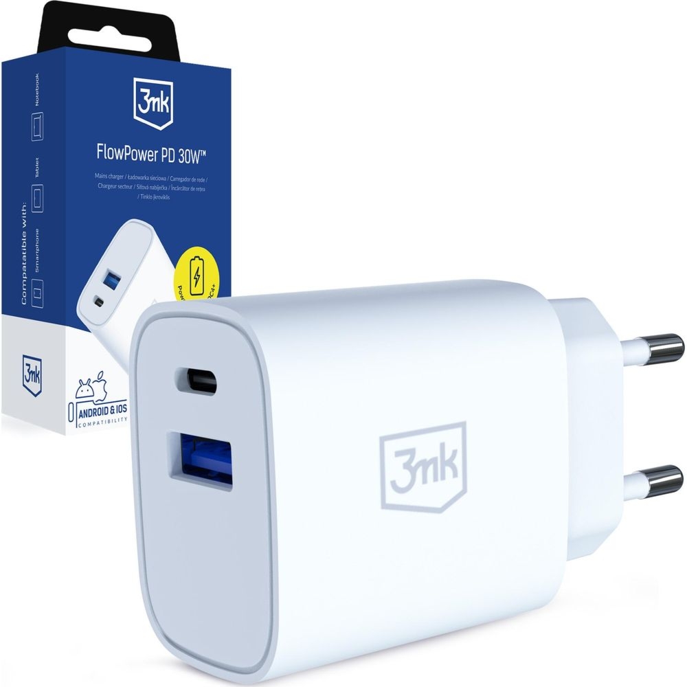 Ładowarka sieciowa GaN, USB-A, USB-C, 3mk FlowPower PD 30W, QC 4.0, PPS, SuperVOOC, FCP, SCP, AFC, biała
