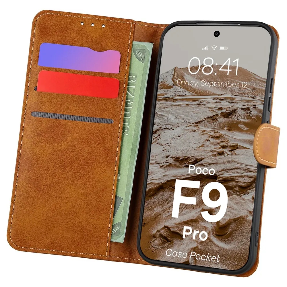 Etui z klapką Bizon Case Pocket do Xiaomi POCO F9 Pro, brązowe