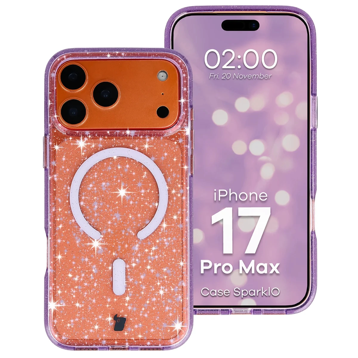 Etui brokatowe z pierścieniem magnetycznym Bizon Case SparklO do iPhone 17 Pro Max, przezroczysto-fioletowe z brokatem