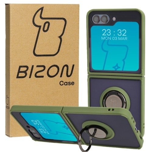 Image of Etui z uchwytem na palec Bizon Case Hybrid Ring do Galaxy Z Flip5, przydymione z zieloną ramką