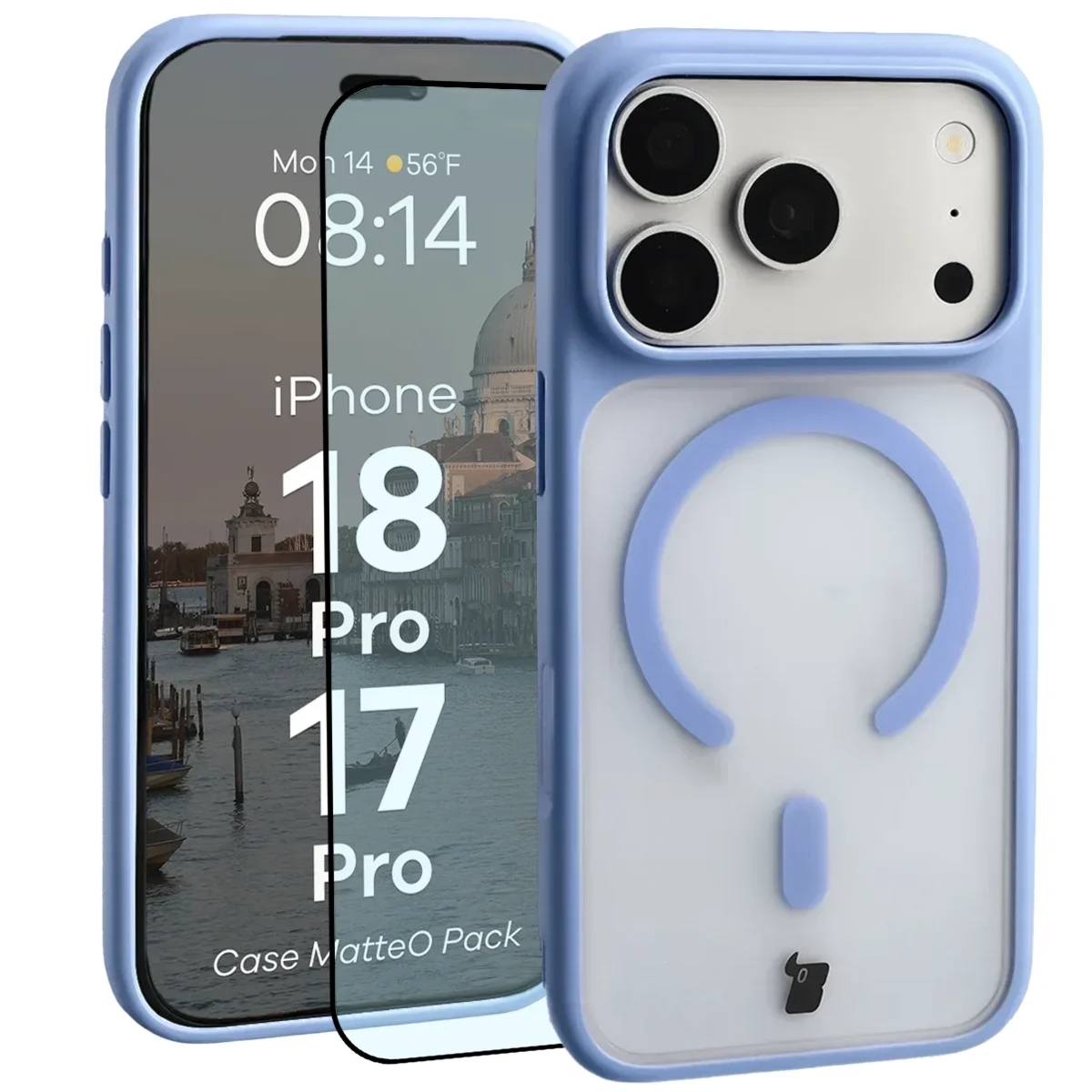 Etui z pierścieniem magnetycznym + szkło hartowane Bizon MatteO Pack do iPhone 18 Pro / 17 Pro, półprzezroczyste z jasnoniebieską ramką
