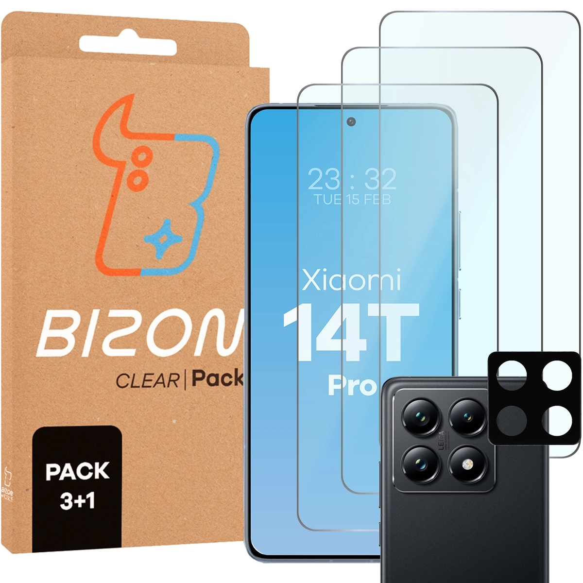 Image of 3x Szkło hartowane + szybka na aparat Bizon Glass Clear 2 Pack do Xiaomi 14T Pro