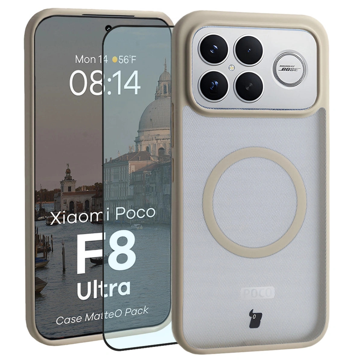 Etui z pierścieniem magnetycznym + szkło hartowane Bizon MatteO Pack do Xiaomi POCO F8 Ultra, przydymione-beżowe