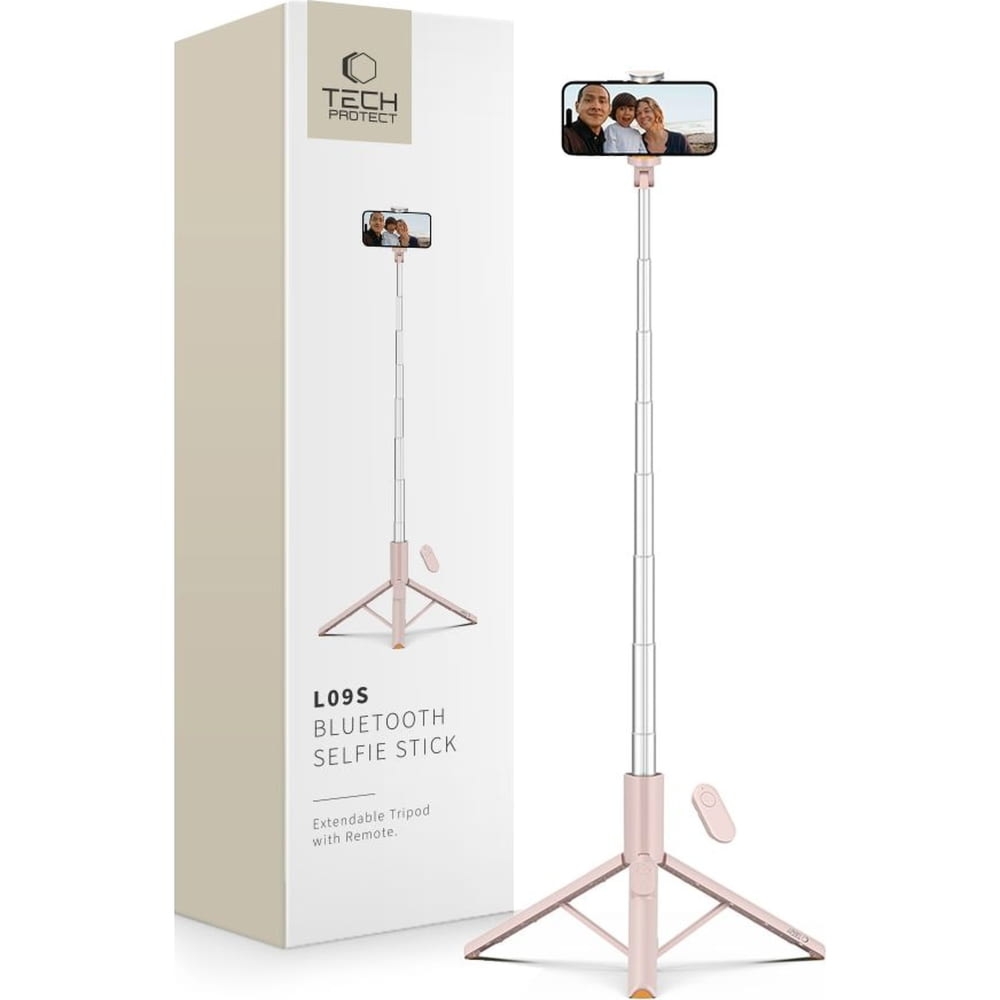 Uchwyt, kijek, statyw Tech-Protect L09S Wireless Selfie Stick Tripod Bluetooth, różowy