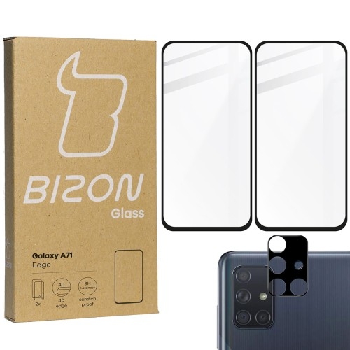 Image of Szkło hartowane Bizon Glass Edge - 2 sztuki + ochrona na obiektyw, Galaxy A71, czarne