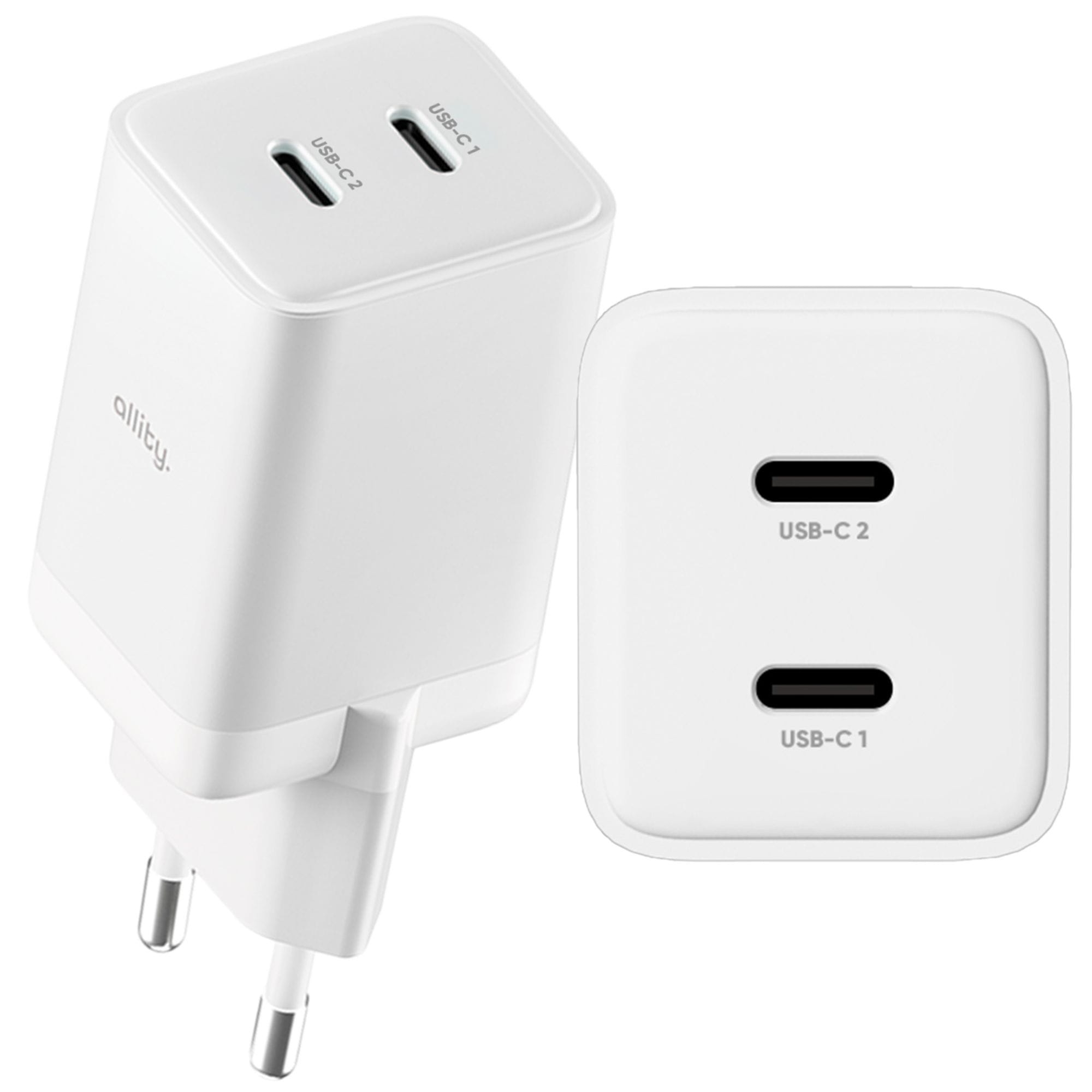 Ładowarka sieciowa GaN 2x USB-C PD, QC, 45W, Allity ATC-01-45WCC, biała