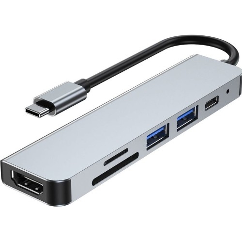 Image of Hub adapter Tech-Protect V4, 6w1 USB-C, 2x USB-A/1x USB-C/1x HDMI/1x Micro SD,TF/1x SD, srebrny