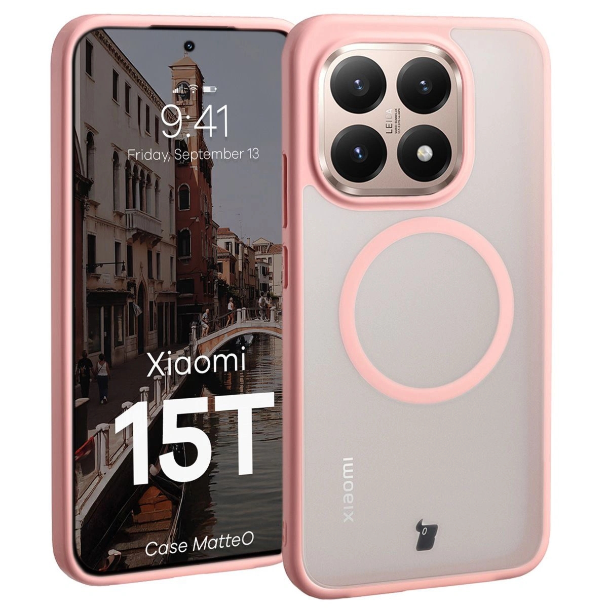 Etui z pierścieniem magnetycznym Bizon Case MatteO do Xiaomi 15T, przydymione-jasnoróżowe