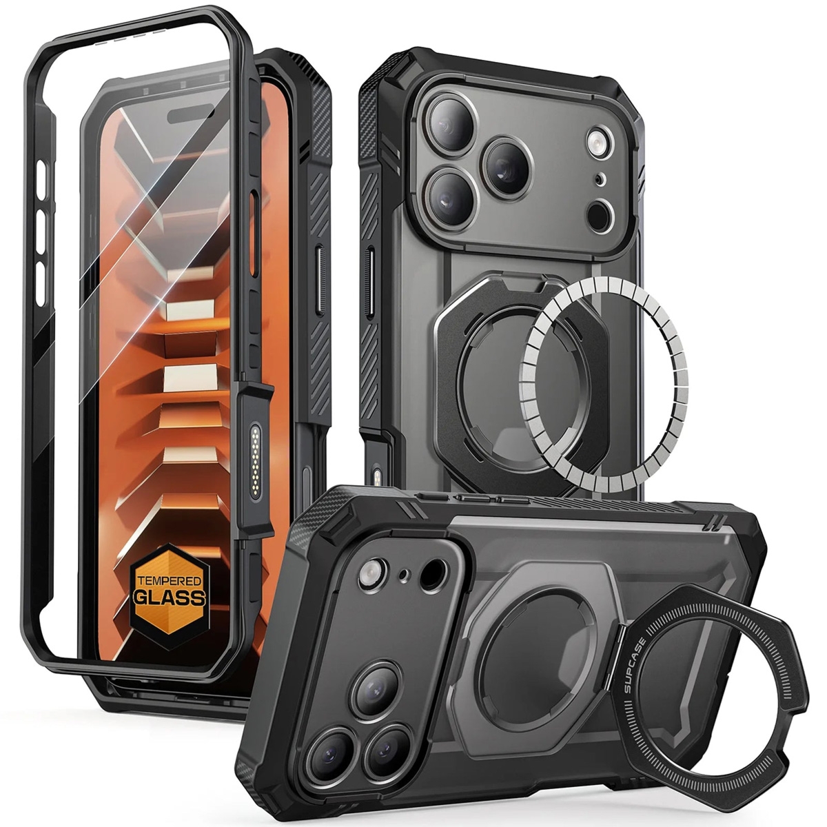 Etui pancerne + szkło 9H Supcase UB Grip Pro Mag SPG (CC) do MagSafe do iPhone 18 Pro Max / 17 Pro Max, przezroczysto-czarne