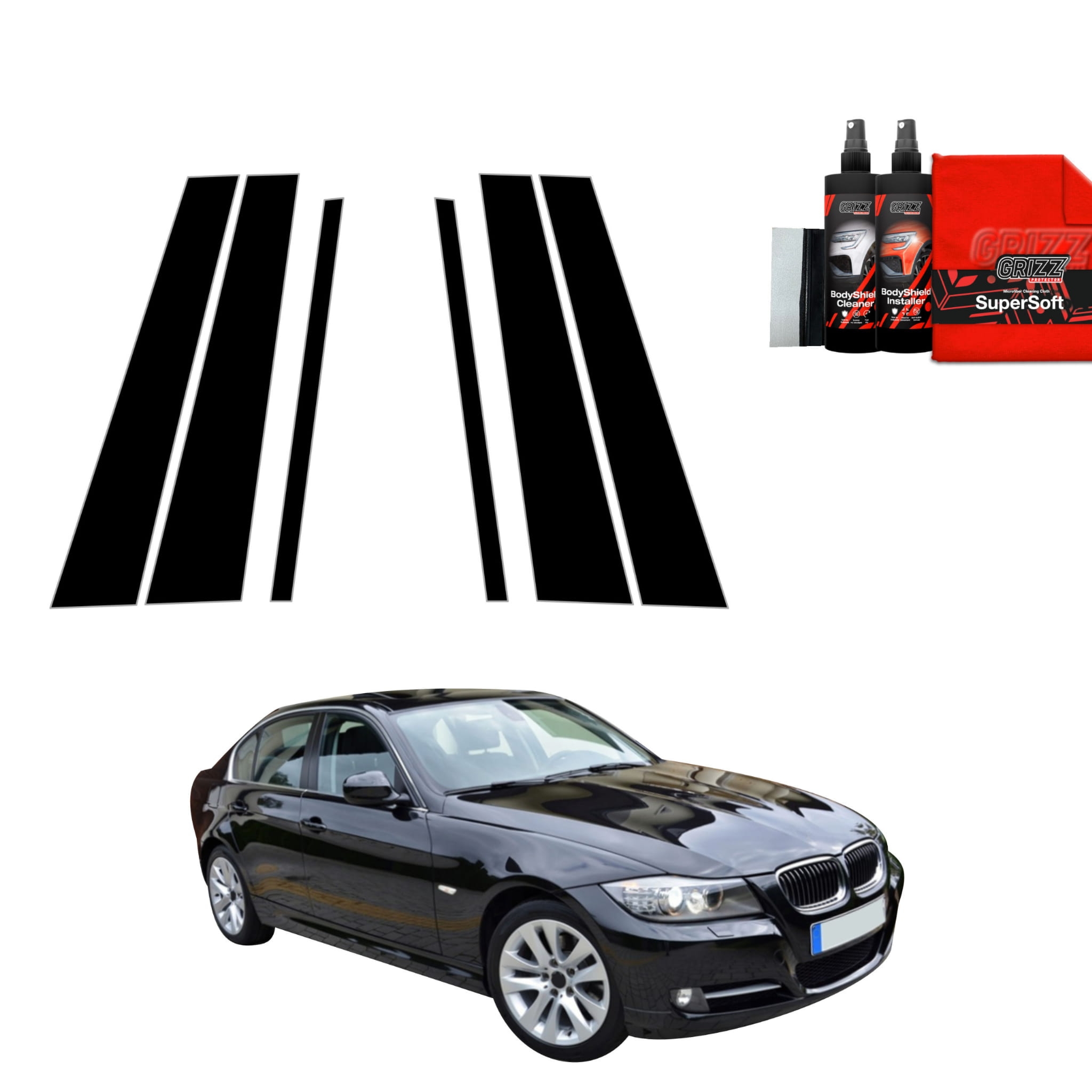 6w1 Czarna folia Grizz Protector na słupki do BMW 3 E90 Sedan LCI (2008-2012)