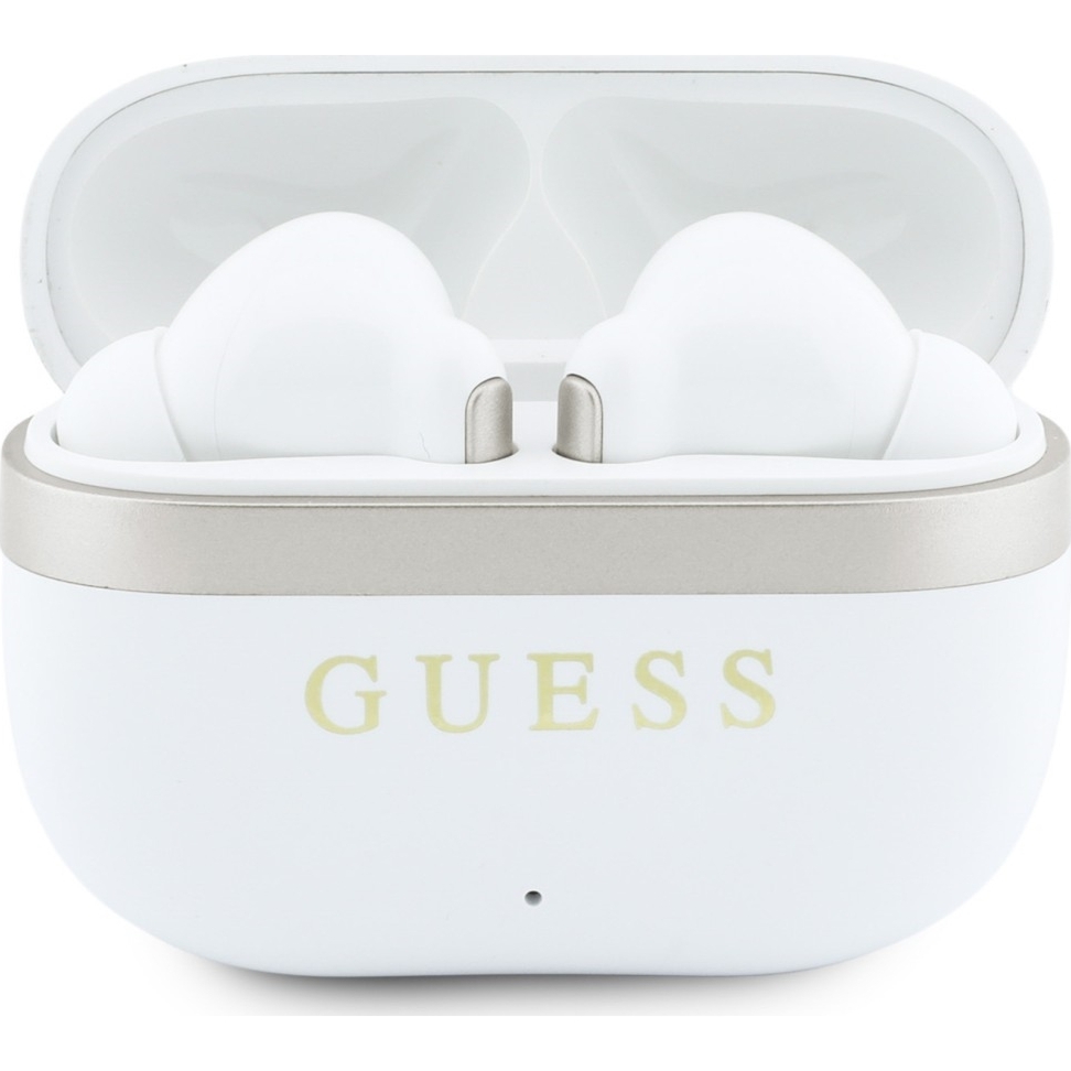 Bezprzewodowe słuchawki douszne Guess TWS Glossy Gold LinePrinted Classic Logo ze stacją ładującą, Bluetooth 6.0, białe