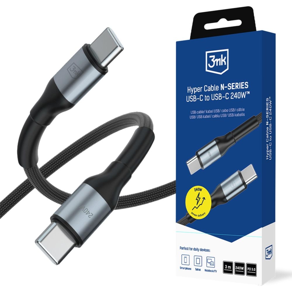 Kabel z oplotem 3mk Hyper Cable USB-C do USB-C, 240W, PD, QC, 3 m, czarny