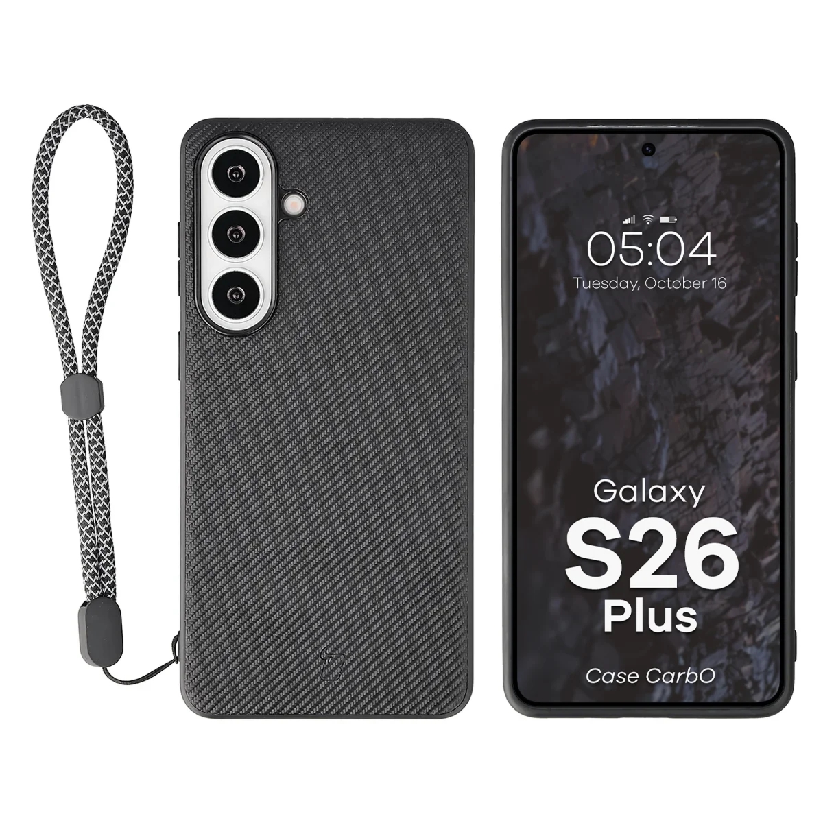 Etui ze smyczką na nadgarstek i pierścieniem magnetycznym Bizon Case CarbO do Galaxy S26 Plus, czarne