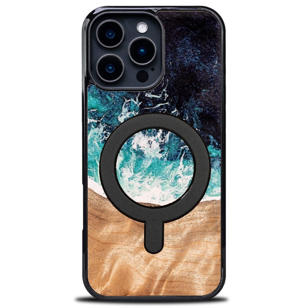 Drewniane etui do iPhone 16 Pro Max, Bewood Unique Dream Island do MagSafe, niebiesko-brązowe