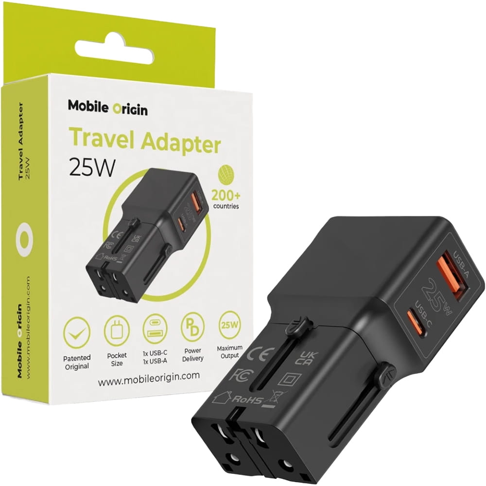 Image of Ładowarka sieciowa, podróżna Mobile Origin Travel Adapter, 25W, USB-C, USB-A z adapterem do EU/USA/UK/AU, czarna