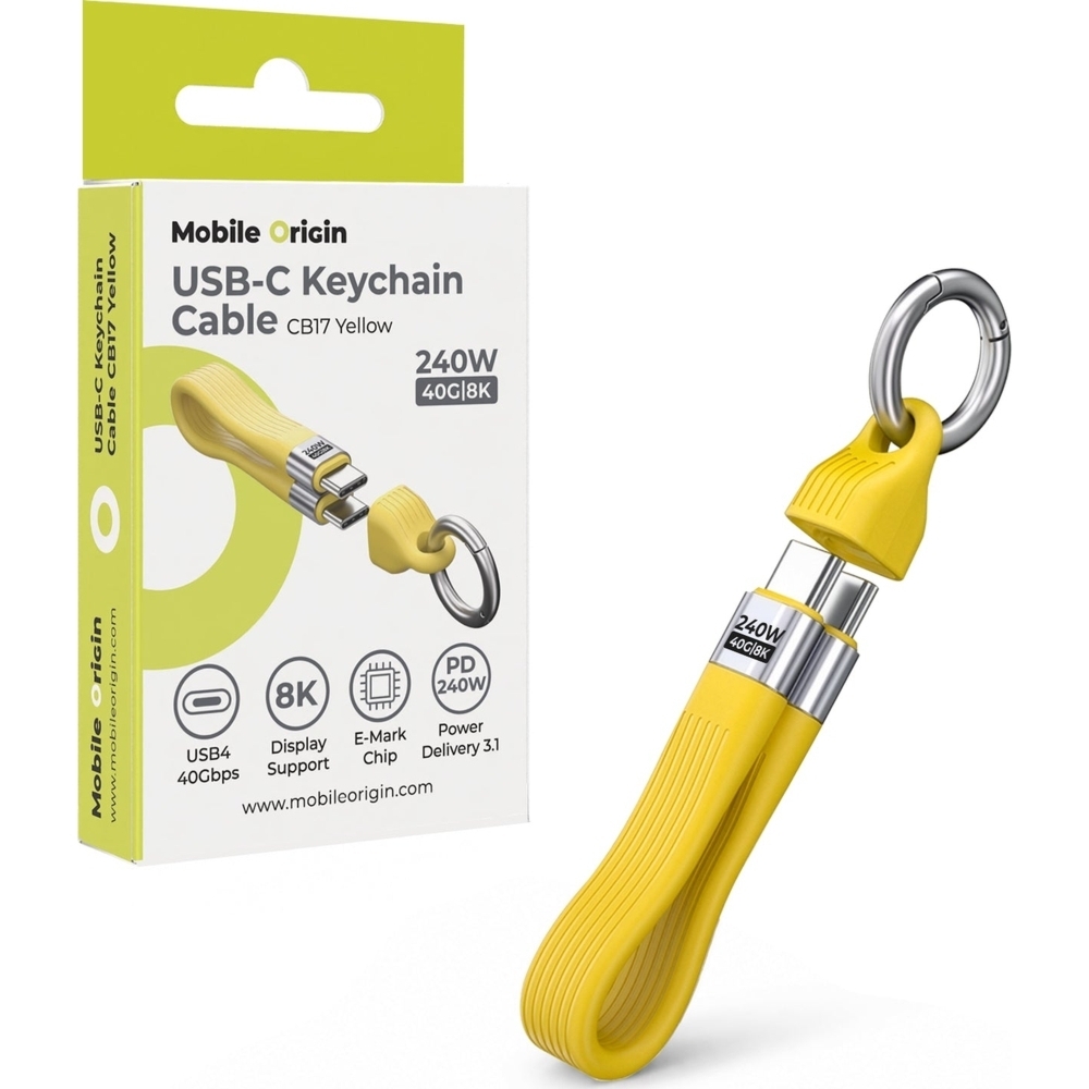 Kabel z karabińczykiem USB-C – USB-C, 240W PD 3.1, 8K/60Hz, Mobile Origin CB17, USB4 40 Gb/s, żółty