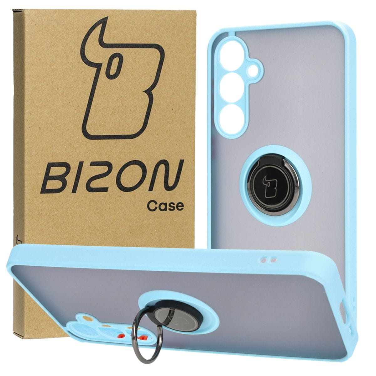 Image of Etui z uchwytem na palec Bizon Case Hybrid Ring do Galaxy A55 5G, przydymione z jasnoniebieską ramką