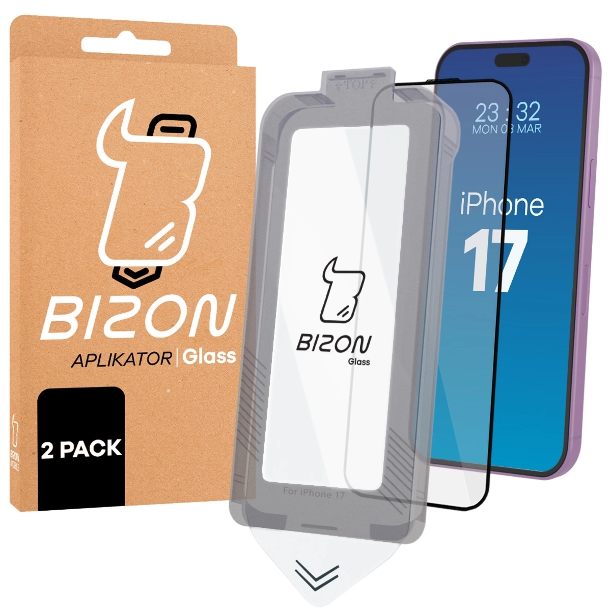 Szkło hartowane z ramką do łatwej aplikacji Bizon Glass Aplikator do iPhone 17, 2 sztuki