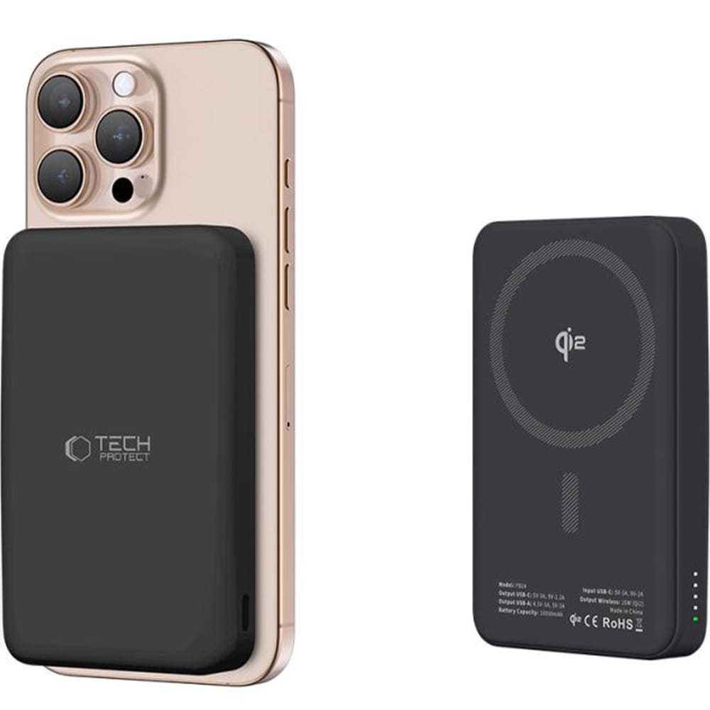 Image of Powerbank indukcyjny Tech-Protect LifeMag Qi2 PB24 do MagSafe, 1x USB-A/USB-C, 15W, 10000mAh + kabel USB-C, czarny