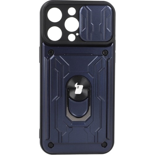 Image of Etui Bizon Case Camshield Card Slot Ring do iPhone 14 Pro Max, granatowe