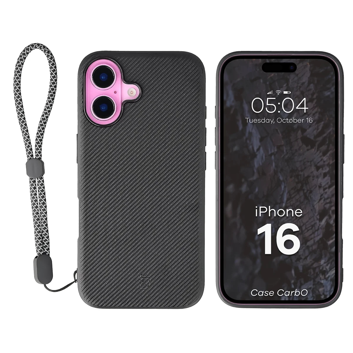 Etui ze smyczką na nadgarstek i pierścieniem magnetycznym Bizon Case CarbO do iPhone 16, czarne