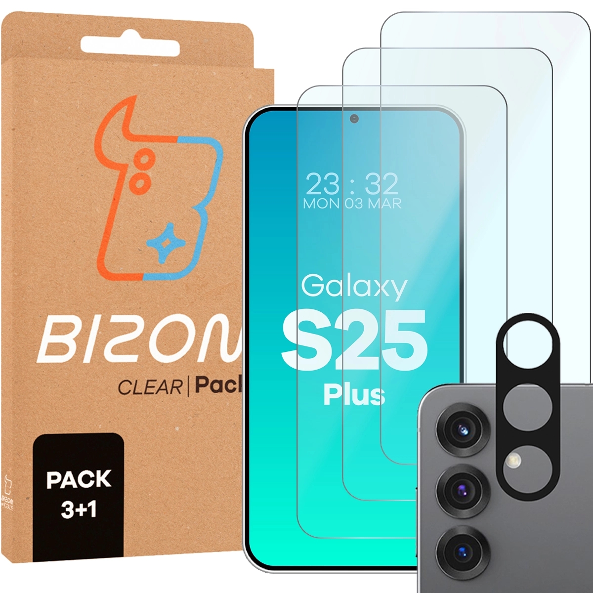Image of 3x Szkło hartowane + szybka na aparat Bizon Glass Clear 2 Pack do Galaxy S25 Plus