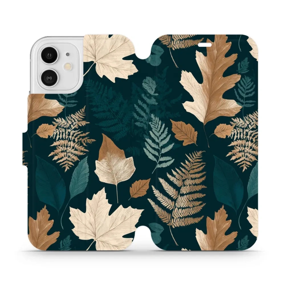 Etui z klapką do iPhone 12, Mobiwear Book, zielnik z liści i paproci